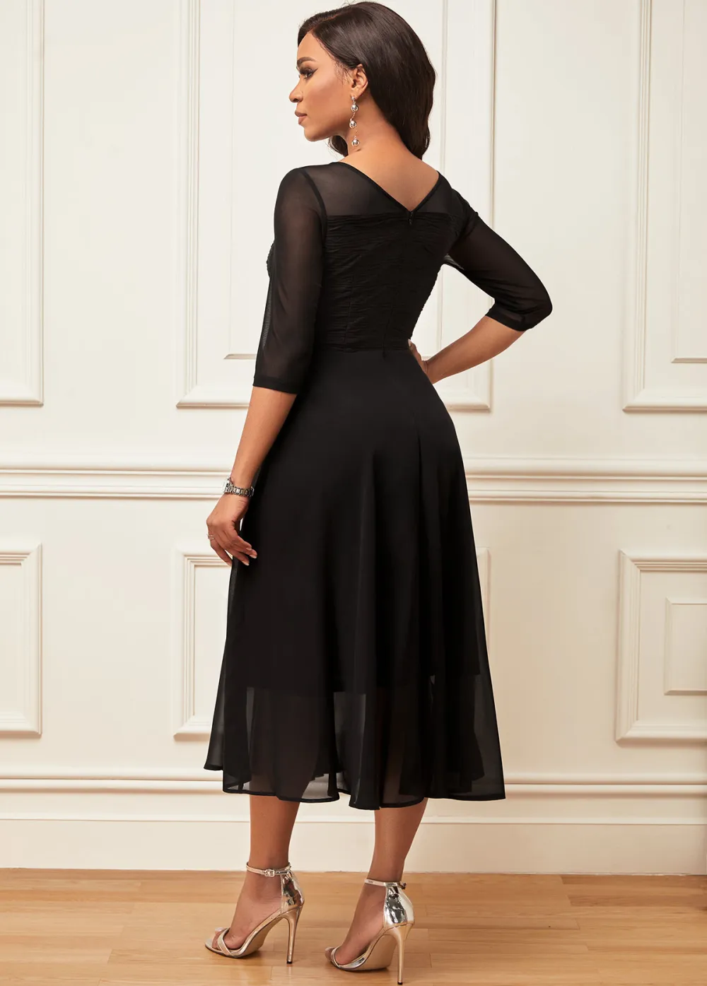 Layered Hem Chiffon 3/4 Sleeve Black Dress