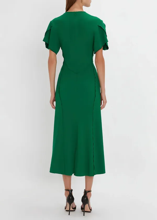 Gathered Waist V-Neck Solid Midi Dress