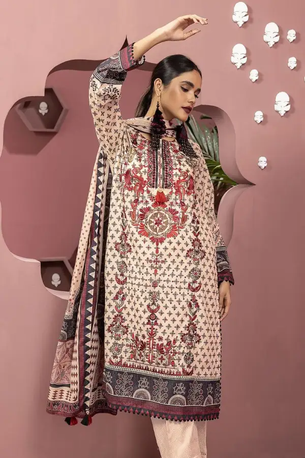 3 Piece Kurta Embroidered | Dupatta& Bottom & Tops | Color Coral