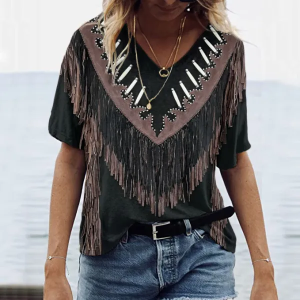 Western Fringe Print Casual V-Neck Short Sleeved T-Shirt