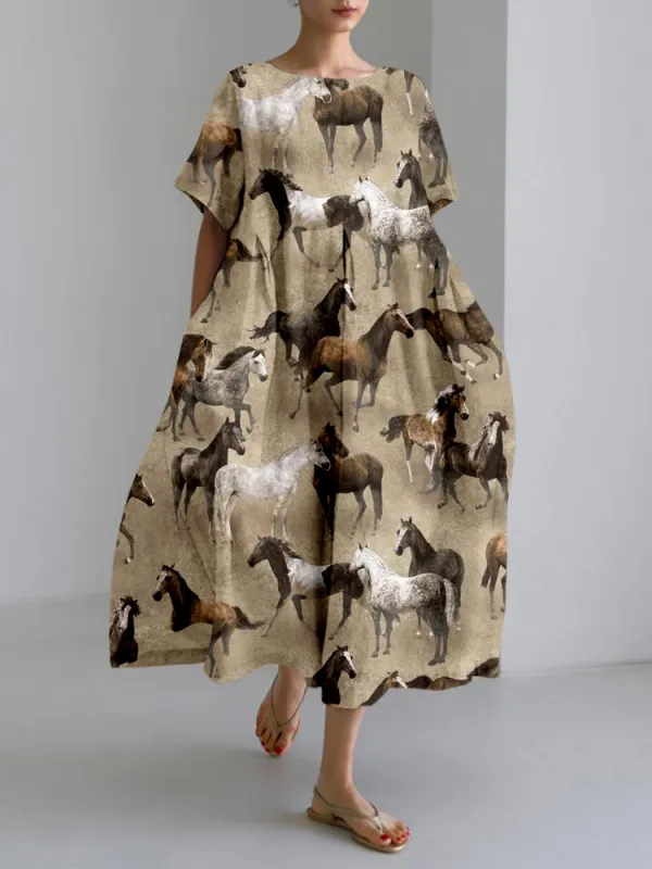 Western Wild Horses Pattern Linen Blend Maxi Dress