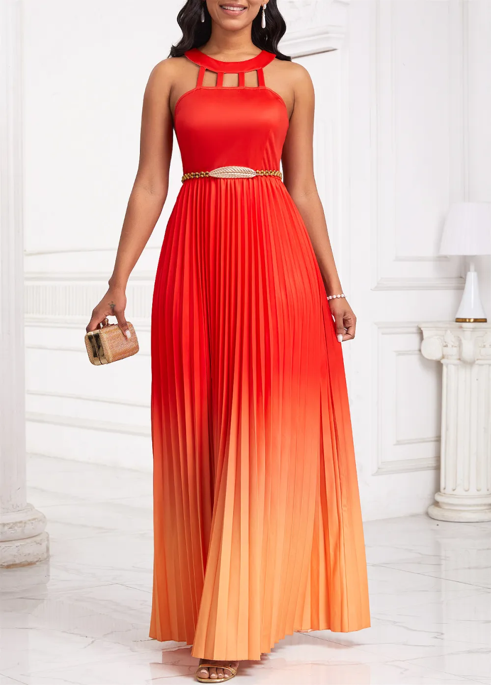 Ombre Cage Neck Orange Sleeveless Maxi Dress