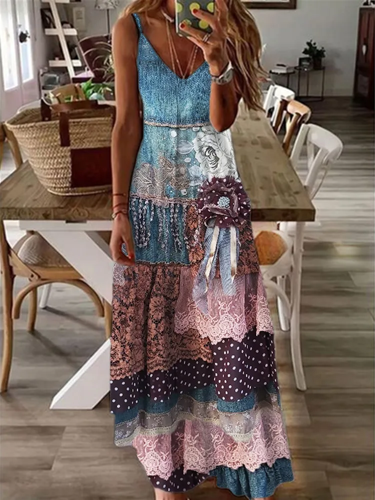 Vintage Floral Lace Denim Layered Maxi Dress