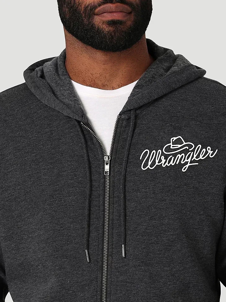 MEN'S WRANGLER VINTAGE LOGO FULL ZIP HOODIE IN CAVIAR HEATHER