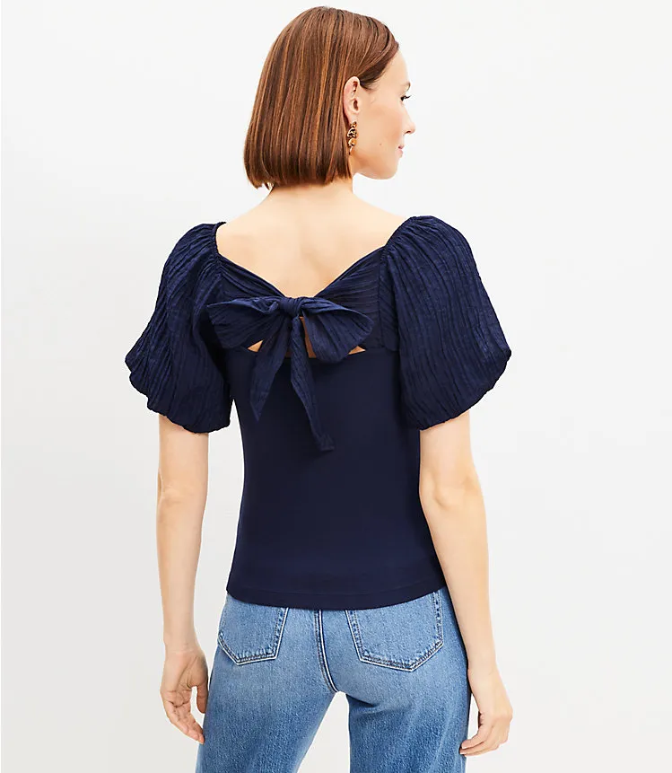 Tie Back Bubble Sleeve Mixed Media Top