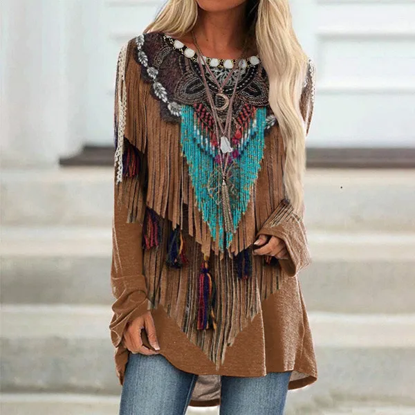 Western Tassel Print Long Sleeve Casual Tunic