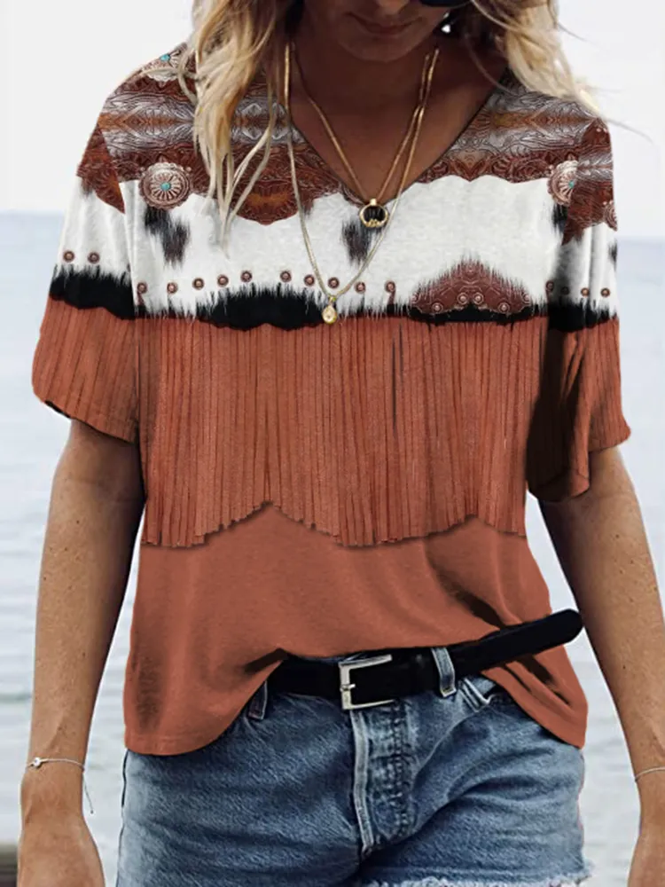 Western Tassels Leather Art Printed V Neck T-Shirt