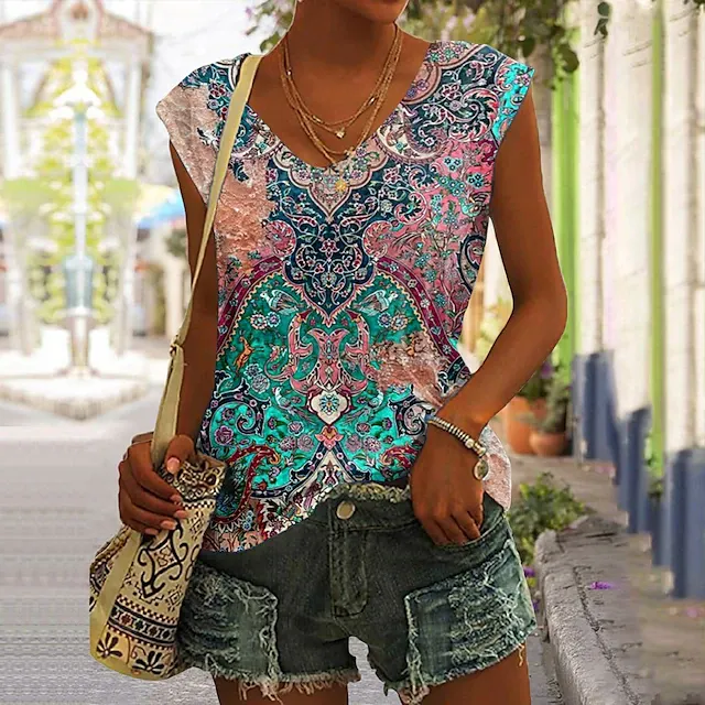 Vintage Western Print V-Neck Tank Top