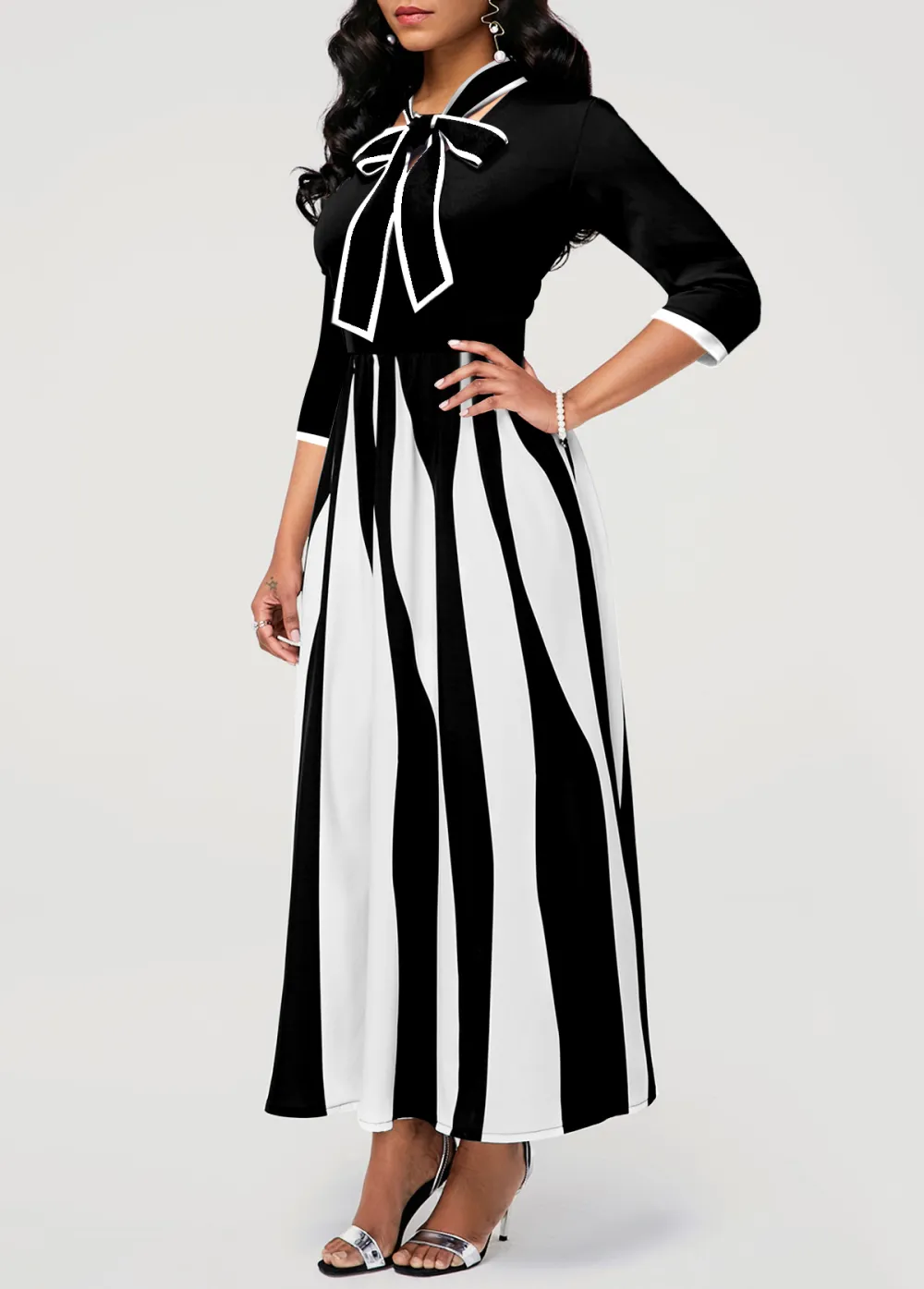 Geometric Print Pocket White Tie Collar Maxi Dress