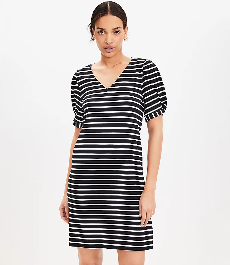 Striped Puff Sleeve V-Neck Swing Dress