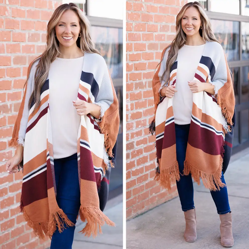 Seat At The Table Poncho, Grey/Rust