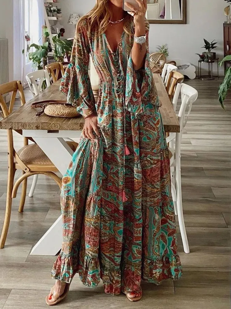 Women‘s’ Boho Floral Pattern Flared Sleeve Maxi Dress