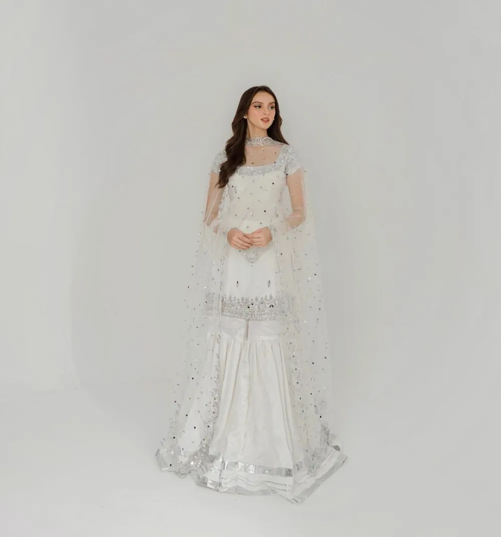 White Gharara outfit with hand embroidery