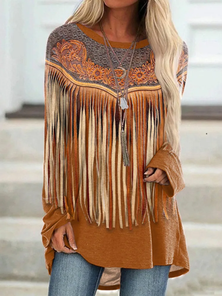 Vintage Western Tassel Print Casual Tunic