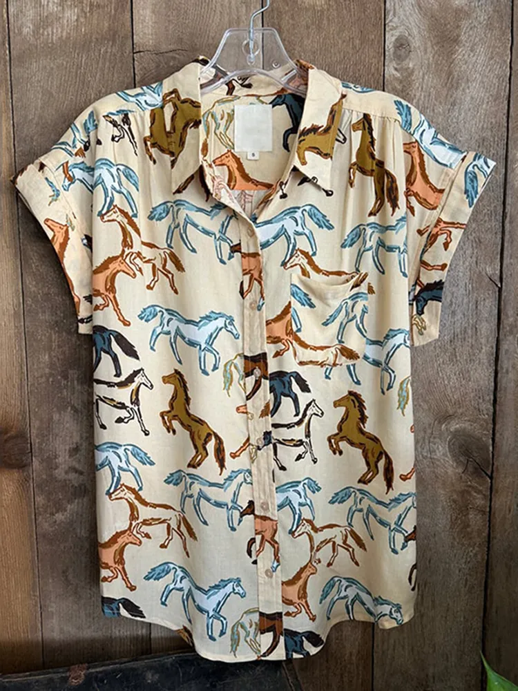 Unisex Vintage Horse Designs Print Casual Shirt