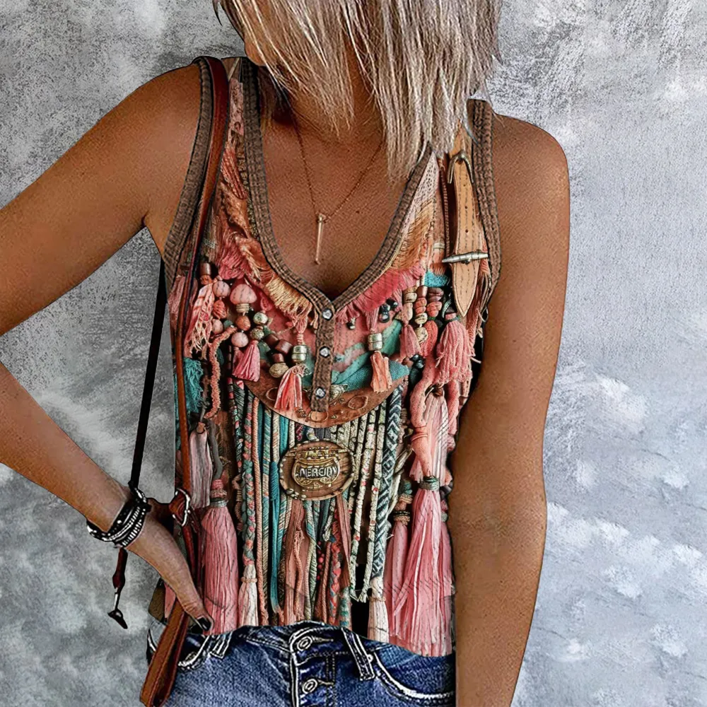 Vintage Tassel Printed V-Neck Button Tank Top