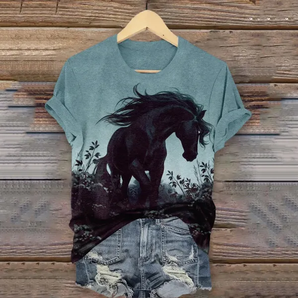 Women's Vintage Western Horse Print Casual T-Shirt