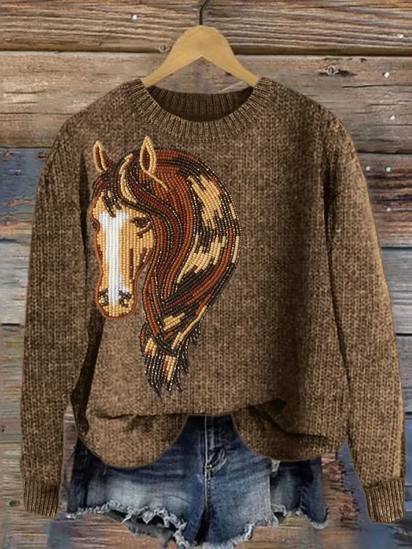 Horse Beaded Art Cozy Knit Sweater