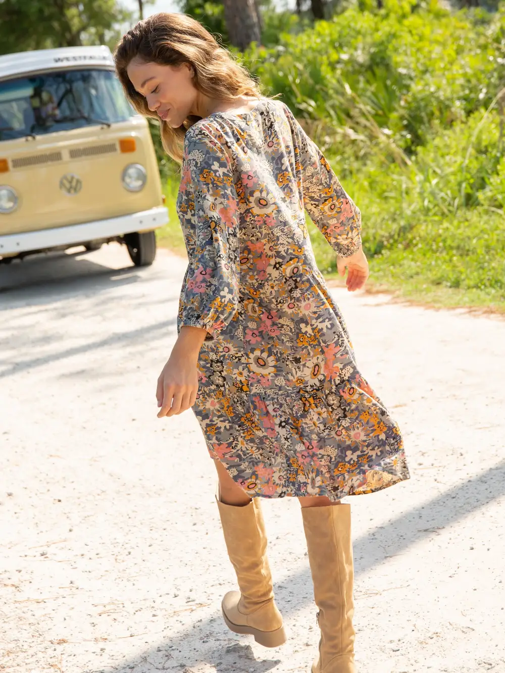 Anita Tunic Dress - Tan Orange Floral