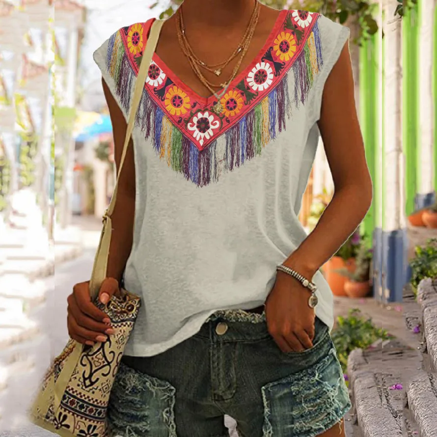 Vintage  Patchwork Floral V-Neck Tank Top