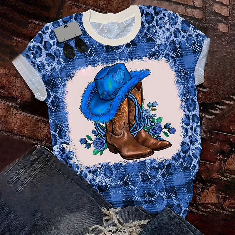 Western Cowboy Hat & Boots Print Short Sleeve T-Shirt