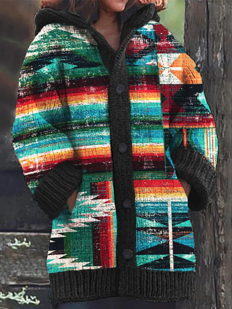 Western Turquoise Geometric Print Hooded Cardigan