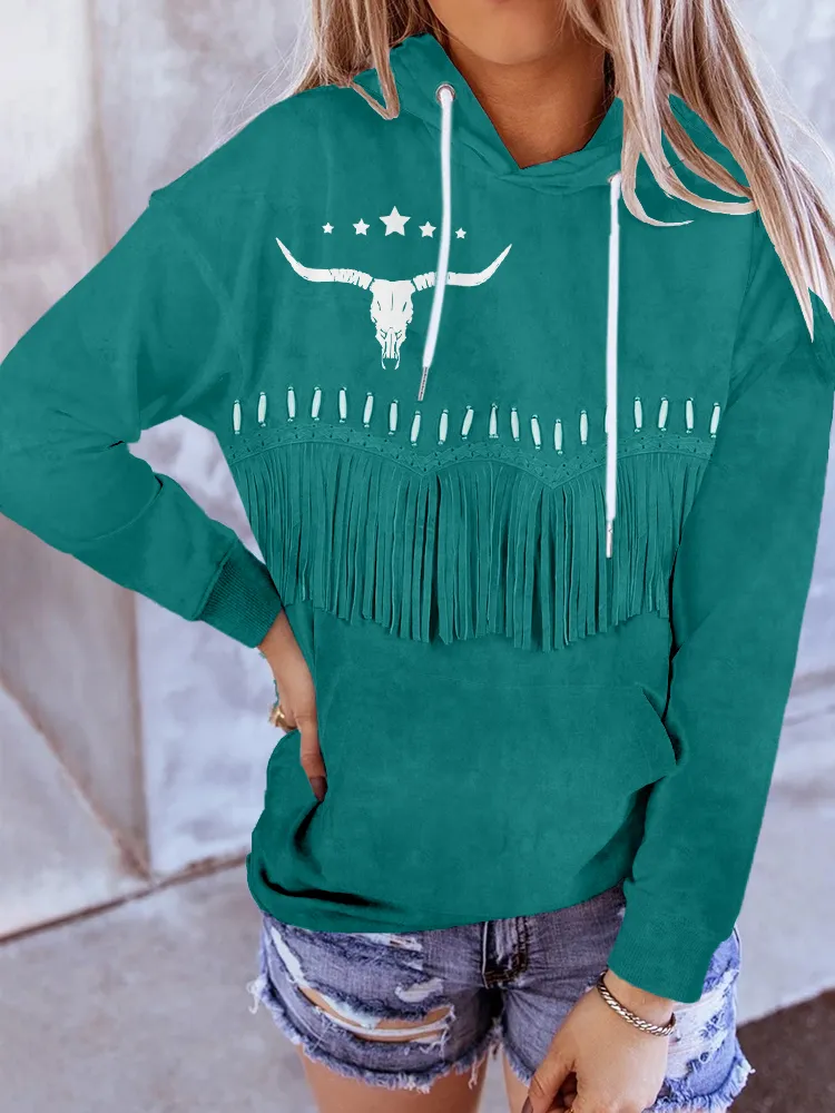 Western Vintage Leather Fringe Art Comfy Hoodie