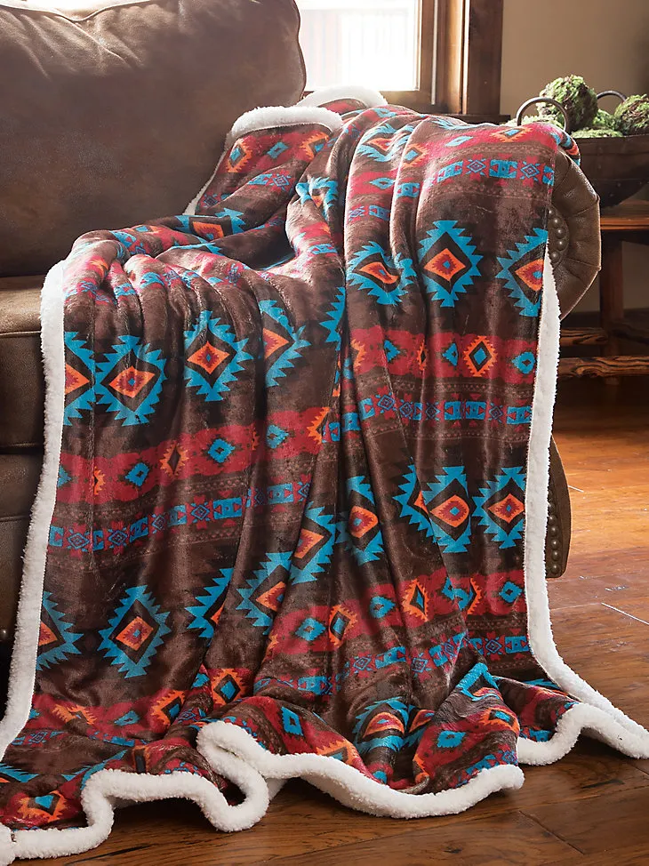 WRANGLER SOUTHWESTERN HORIZON SHERPA FLEECE THROW BLANKET IN MULTI