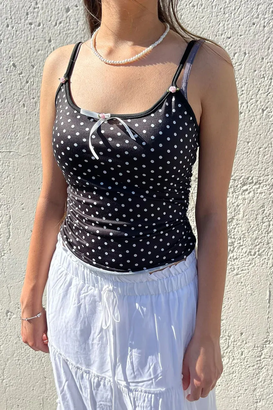 Y2K Polka Dot Print Lace & Flower Cami Tank Top