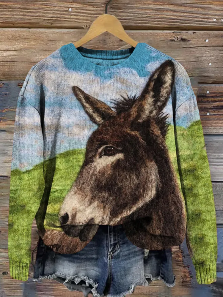 Felted Donkey Art Crew Neck Cozy Knit Sweater