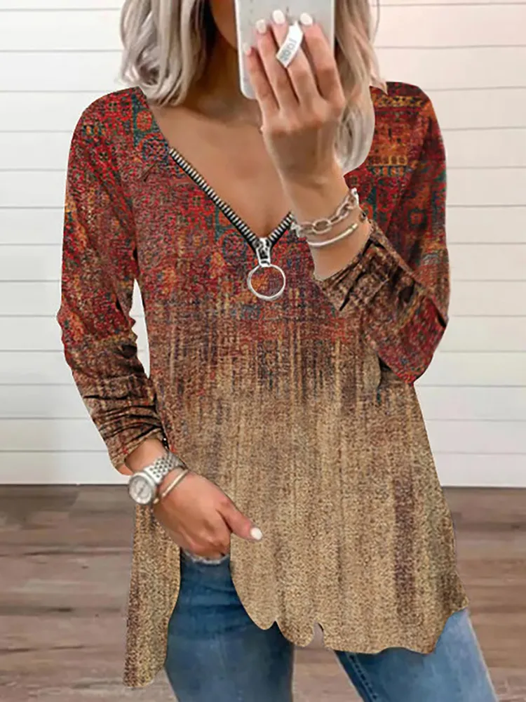 Vintage Print V-Neck Zip Long Sleeve T-Shirt