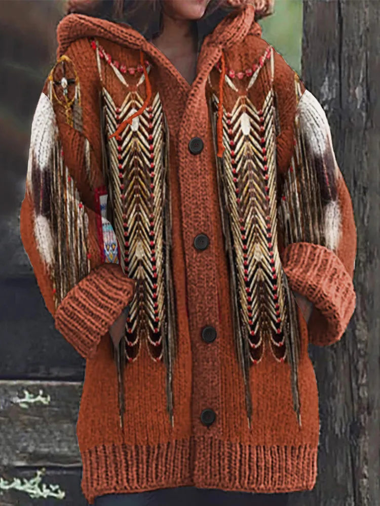 Vintage Western Print Knitted Hooded Cardigan