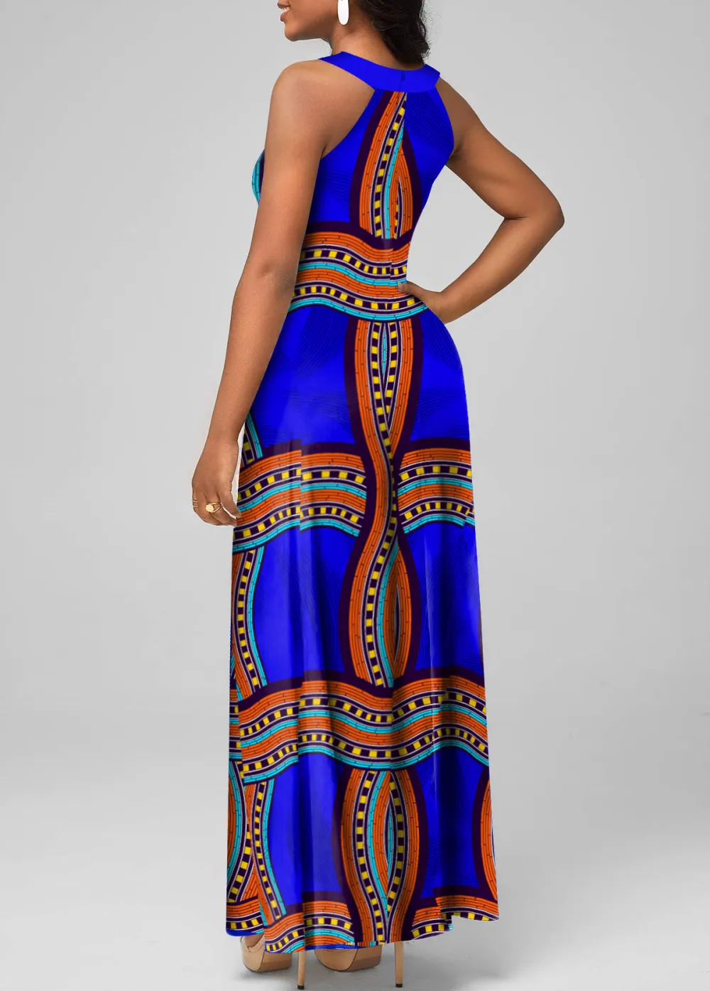 Tribal Print Cage Neck Royal Blue Maxi Dress