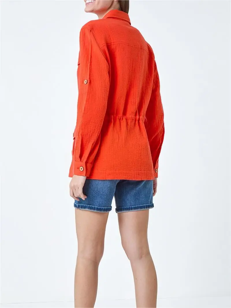 Dark Orange 3/4 Sleeve Textured Tie Waist Shirt Jacket