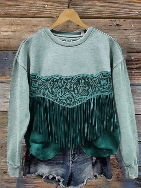 Western Floral Leather Tassels Sweatshirt