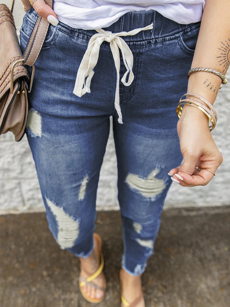 Women's vintage ripped drawstring jeans