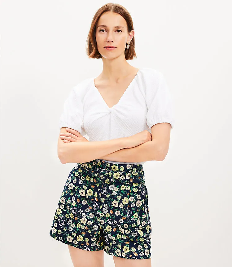 Belted Pleated Shorts in Floral Twill