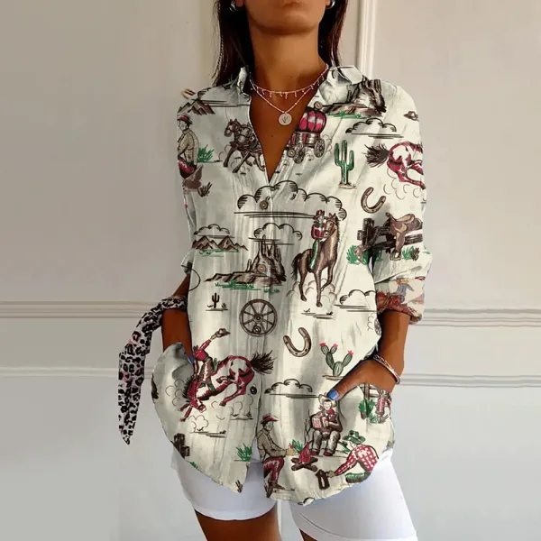 Retro Horse Cowboy Girl Graphic Print Casual Long Sleeve Shirt