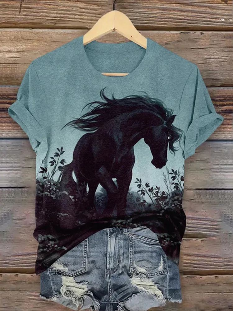 Women's Vintage Western Horse Print Casual T-Shirt