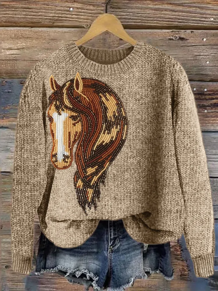 Horse Beaded Art Cozy Knit Sweater