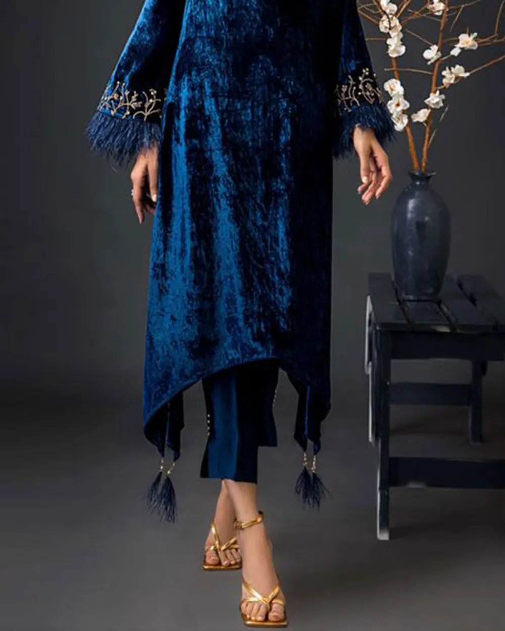 Vintage embroidered velvet feather kaftan