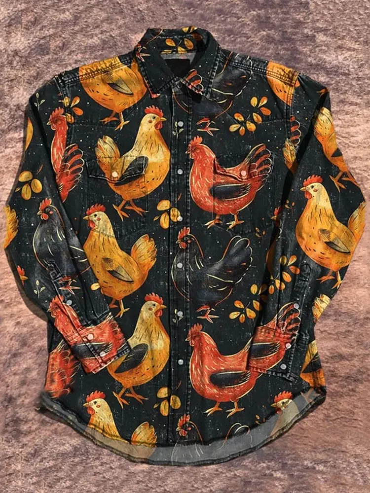 Unisex Vintage Chicken Print Casual Shirt