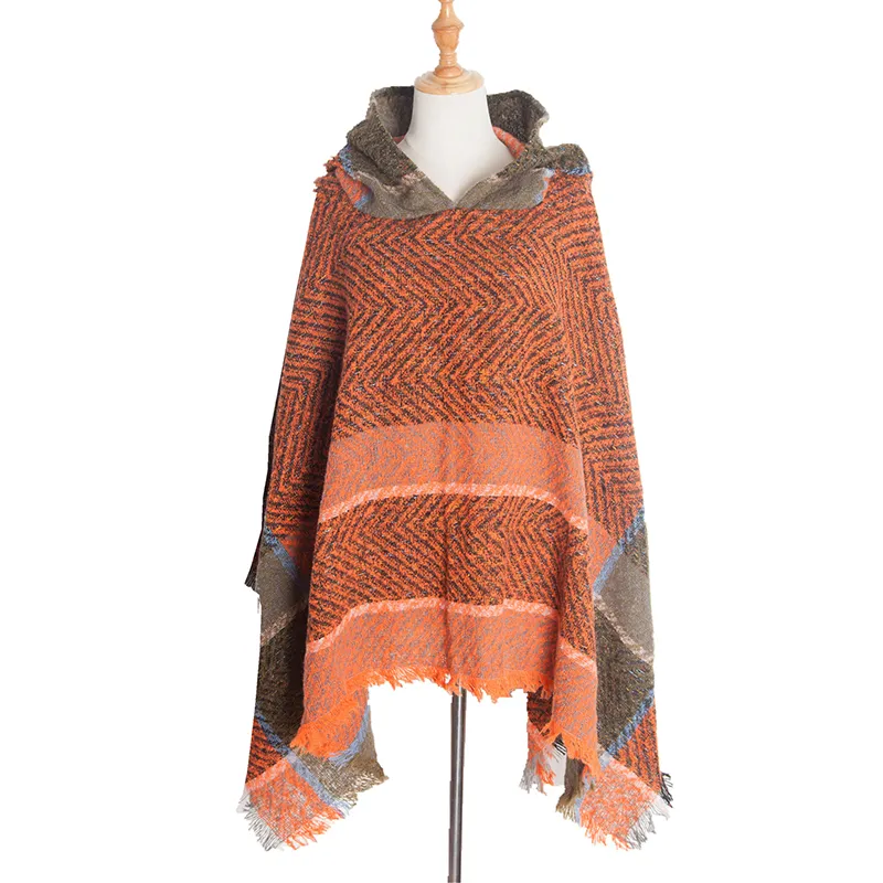 Vintage Herringbone Hooded Pullover Shawl