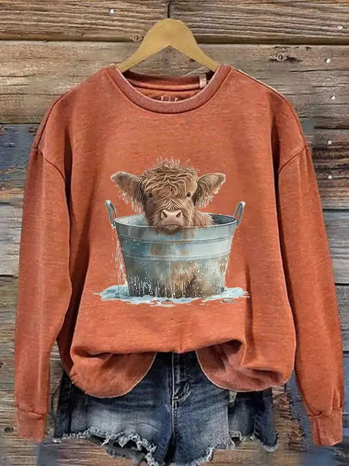 🔥Buy 3 Get 10% Off🔥🔥Buy 3 Get 10% Off🔥Women's Western Funny Highland Cow Bath Print Sweatshirt