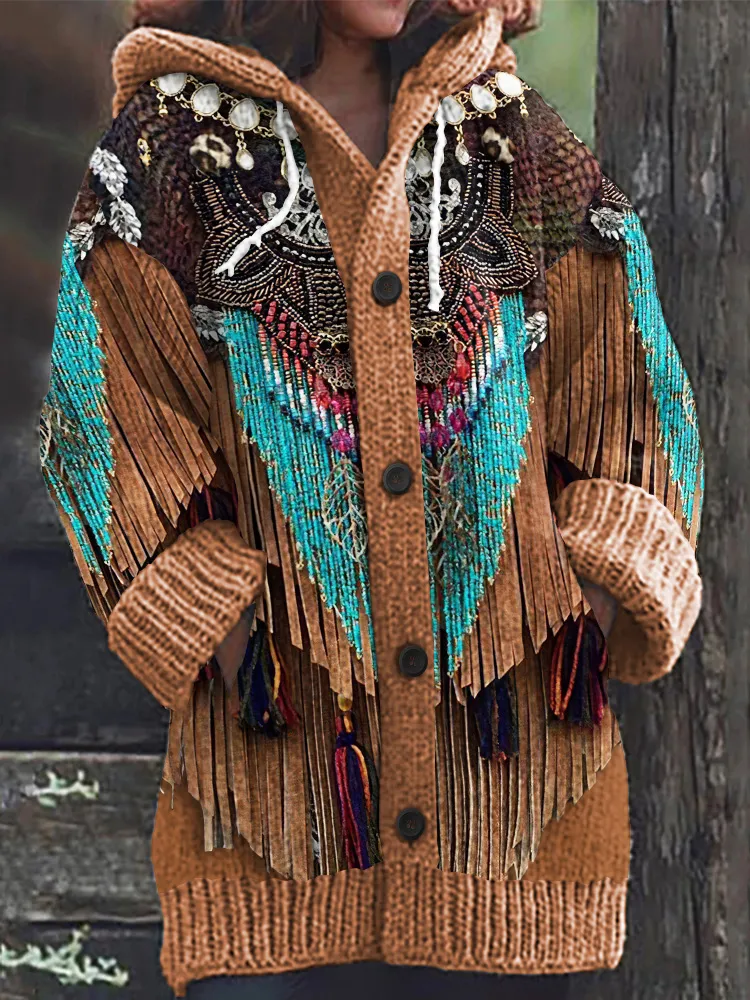 Western Fringe Print Knitted Hooded Cardigan