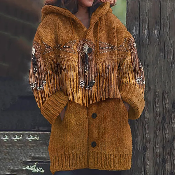 Women's Western Vintage Tassels Cozy Hooded Cardigan