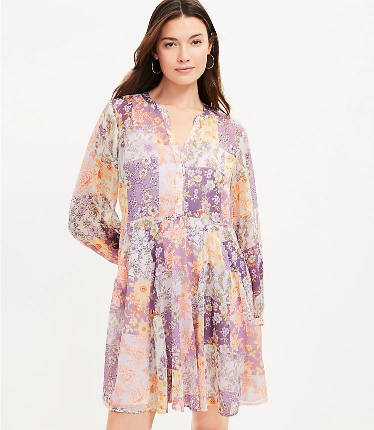 Floral Godet Split Neck Swing Dress