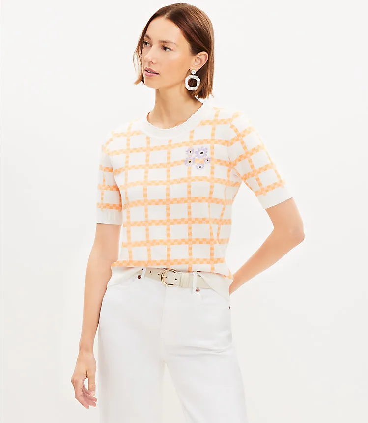 Floral Embroidered Gingham Sweater Tee