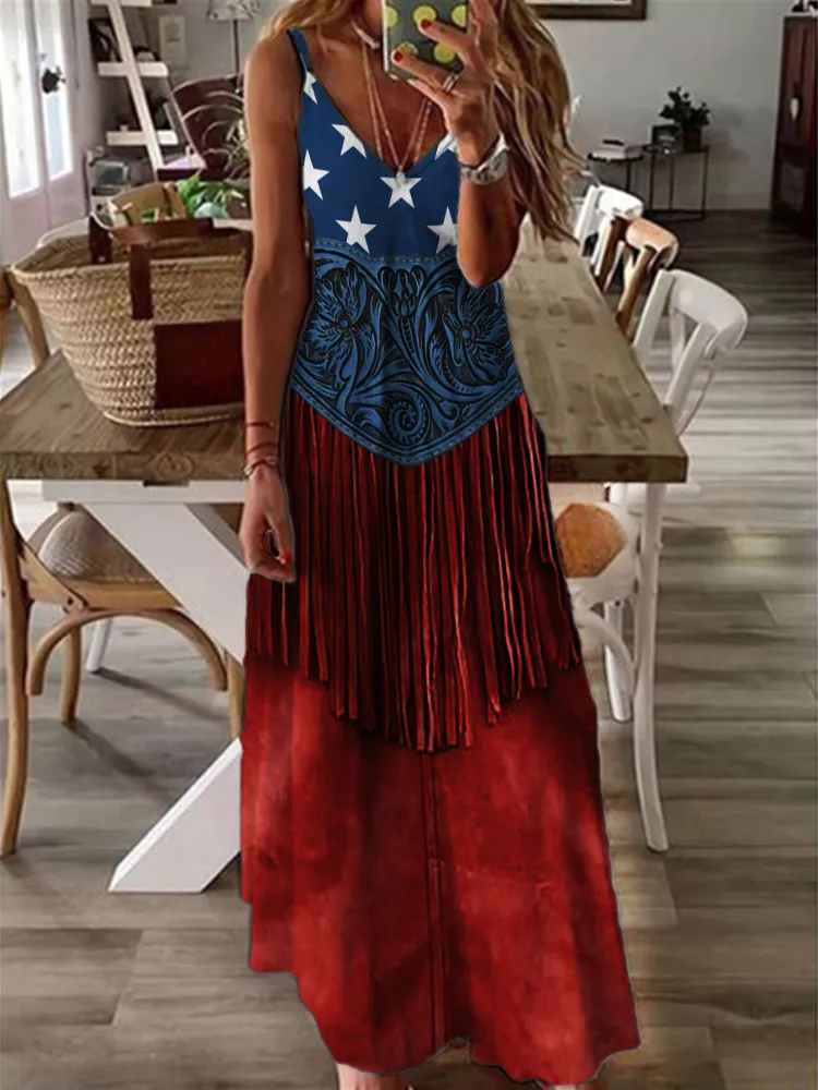 American Flag Inspired Floral Tassels Maxi Dress