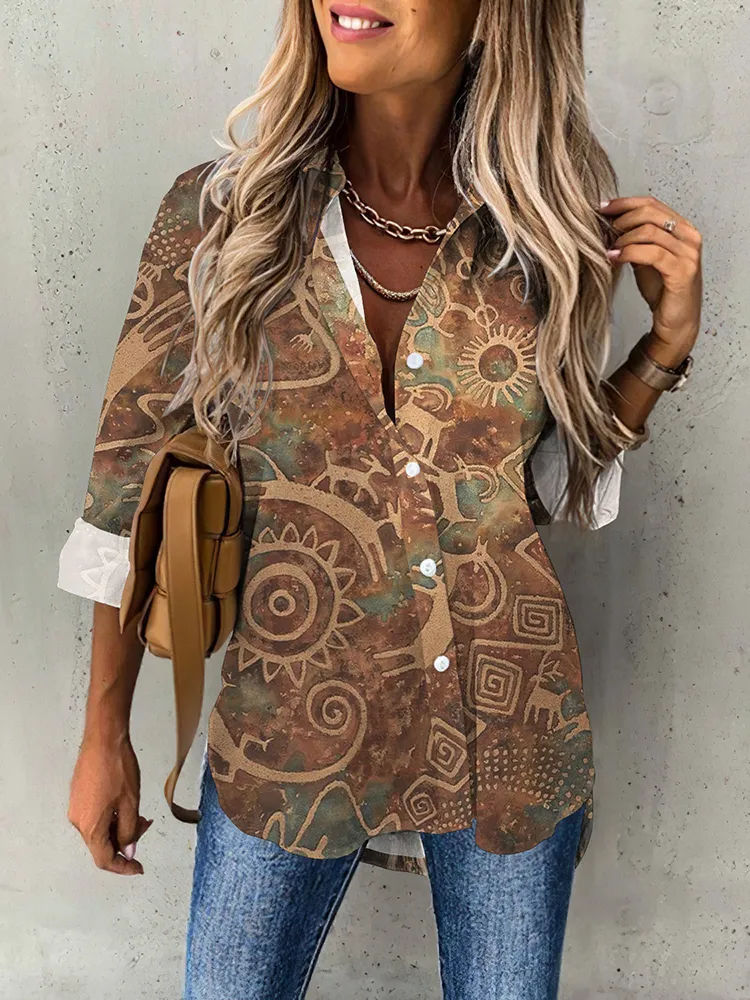 Vintage Print Lapel Long Sleeve Shirt